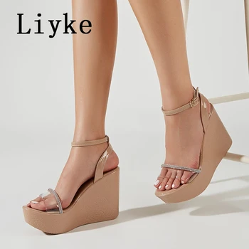 Liyke/размери 35-41; прозрачни дамски сандали на танкетке от кристално PVC; лятна модни дамски обувки с отворени пръсти и каишка с катарама на платформа и висок ток;