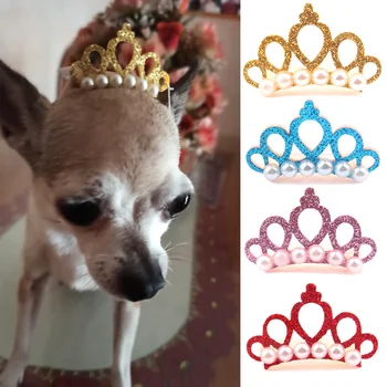 Малки кученца, котки, Лъкове във формата на корона от изкуствени перли Фиби за коса, украса на главата за домашни любимци, Щипки за коса за малки кученца, Декор, аксесоари за грижа