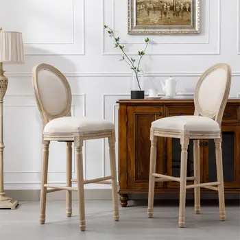 2 бр. Дървени бар столове по френски ретро стил, стол с мека тапицерия, бежово, натурален, по-дълги крака, стол за ресторант-бар