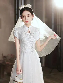 Yourqipao Бяло Китайското Сватбена Вечерна рокля Cheongsams С Къс ръкав За Младоженци, Рокли Qipao За Годеж, Рокли за сватбени тържества