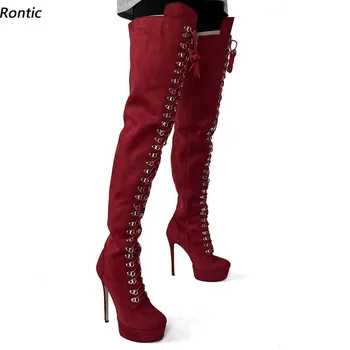 Rontic/Дамски зимни ботуши до бедрата на платформа от изкуствен велур, с страничния цип на висок ток, с кръгли пръсти, красиви обувки вино-червено, големи размери САЩ 5-20