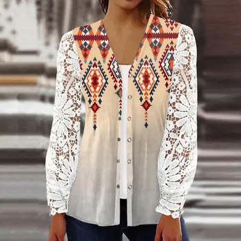Жена яке-жилетка в стил мозайка с дълги ръкави и принтом, Дамски Ежедневни риза с качулка, копчета, Есенна жилетка Blusa De Mujer