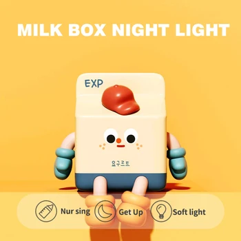 Led нощна светлина в кутия с мляко, Мультяшная Креативна зареждане чрез USB, лампа за сън на деца, сензорен датчик за време, нощни лампа за спални, подарък