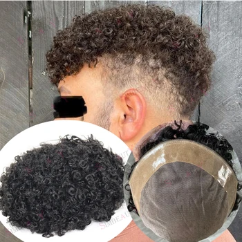 Европейският Мъжка перука от човешка коса на монооснове със сменяеми системи от изкуствена кожа 12 мм, малко къдрава изкуствена коса за мъже, черен, Кафяв