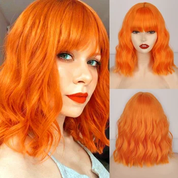 Естествени вълнообразни синтетични перуки с бретон Оранжев цвят, свободни дълги къдрави перуки за жени, cosplay-партита, ежедневно термостойкое влакна