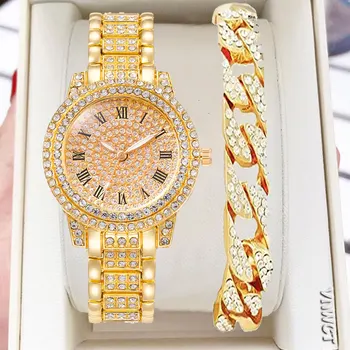 2 елемента Луксозни Дамски часовници с диаманти, Хип-хоп Гривна Дамски Кварцов часовник Rose Gold Дамски Ръчни часовници Блестящ Кристал Reloj Mujer