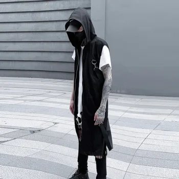 2023 Годишният корейски стил, уникален метален дизайн, жилетка с качулка, мъжки ежедневни свободен черна дълга жилетка с цип за мъже, размер M-XXL