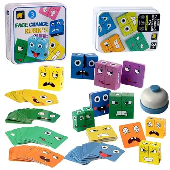 Игра за промяна на лицето на Кубче с израз на лицето Дървена Настолна игра пъзел Блокове Монтесори Забавни играчки, Логически блокове за детското мислене
