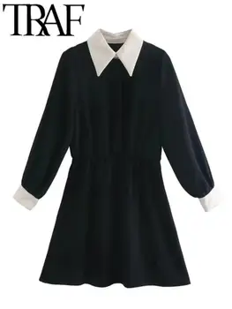 ТРАФИКА на Tienda 2023 Дамско модно черна рокля в стила на мозайка, ежедневни тънки рокли с висока талия и отложным яка, Vestidos