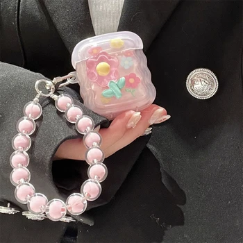 Чанта за слушалки с вълнообразен кант под формата на приятен розово цвете за AirPods 1 2 3 С окачване от мъниста, защитната черупка, мек калъф за AirPods Pro 2