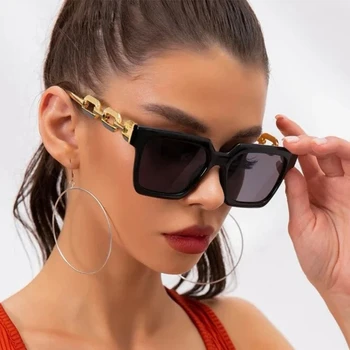 Модни Реколта Правоъгълни Слънчеви очила с метална верига в голяма Рамка, Обиколки на открито, Защита от ултравиолетови лъчи за жени, Слънчеви очила
