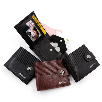 Модерен мъжки портфейл с магнитна бутон и релефно райе, къса проста тънка кожена чанта със сребърен клипс, нула портфейл