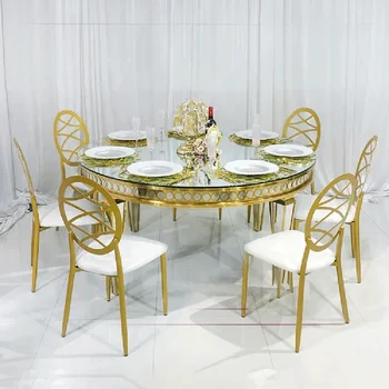 Събития, сватба, банкет, маси, метална рамка от неръждаема стомана, златна кръгла маса за хранене, сватбен огледален маса