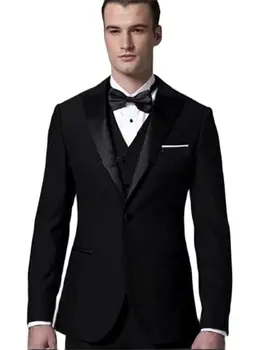Черни Модерен мъжки костюми, комплекти от 3 бр. (яке + панталон + елек), Мъжки костюми за сватба, Модни мъжки модел костюми с Високо качество