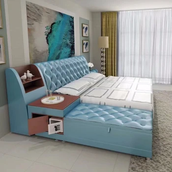 модерно легло от естествена кожа/ мек диван/ двойно легло King /queen size мебели за спалня с ракла за съхранение и бюфет