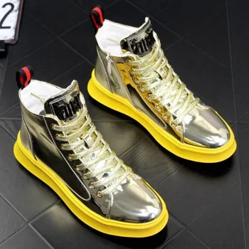 Висококачествени маркови Зимни мъжки обувки, кожени блестящи метални бижута, Модни високи обувки, Луксозни и ежедневни обувки за фризьор