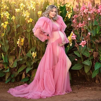 Розови халати А-силует, с дълги ръкави за фотосесии на бременни жени, Тюлевый дреха за бременни, Женствена рокля, рокля за душата на детето, Фотография