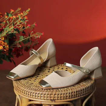 Летни дамски обувки Mary Jane в дебелите ток 2023, Нови модни ежедневни прости универсални фини обувки с квадратни пръсти и фин пръсти