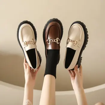 Дамски обувки с метална верига, Есен 2023, Дамски кожени обувки, в британския стил, Обувки за момичета в платформата в консервативна стил, Zapatos