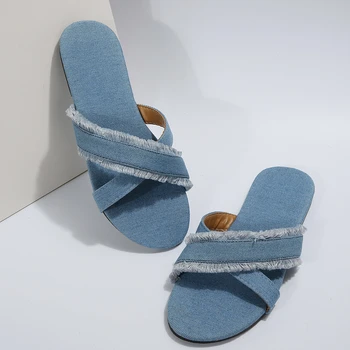 Сини дънкови сандали-плъзгачи на равна подметка за жени, летни чехли с кръгло бомбе, женски улични сандали без закопчалка на плоска подметка