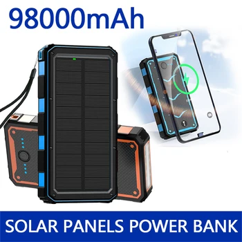Захранване от слънчева батерия, безжична зареждане, мобилен източник на захранване 98000 ма с лампа за къмпинг, зарядно устройство за мобилен телефон, USB портове, батерия