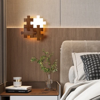 Строителен блок, монтиран на стената лампа, Нощна лампа за спални, Модерен Прост лампа за коридора, Творчески лампа от орехово дърво
