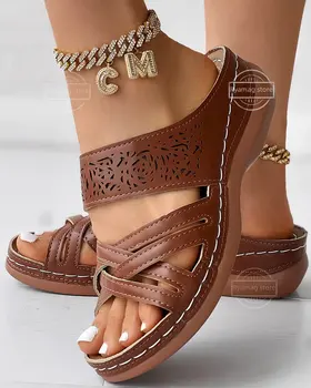 Чехли; Женски улични чехли на танкетке с отворени пръсти Кръст; Женски реколта сандали на платформа Дамски плажни чехли;