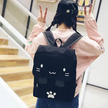 Модни Холщовая студентски чанта с бродерия хубава котка, Жена раница с мультфильмами, Училищна чанта за Отдих