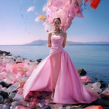 Ярки Розови плисирани рокли-калъф с Дължина Макси с дълъг оверлеем, модерните официални рокли за бретелях за партита