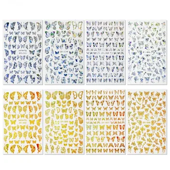 8 Листа Холографски Стикери за дизайн на ноктите с Пеперуди, Залепваща Златна Сребърна Лазерно фолио, Стикери за нокти За Момичета, Декорация за маникюр 