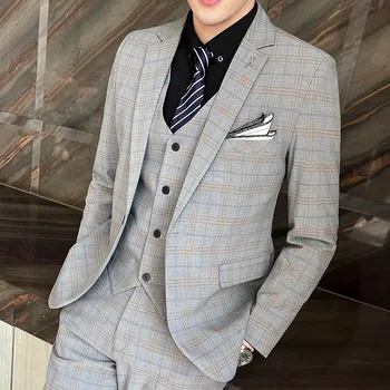 2023 Модерен Нов Мъжки Ежедневни Тънък Карирани костюми, палта, комплект от три елемента/Мъжки Сватбени Блейзери в света на бутик, яке, Панталони, жилетка
