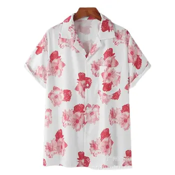 Годишният нов младежки мъжки топ 2023, Модни и ежедневни Плажната тропическа Хавайска риза с къси ръкави от дишащ памук с яка-ботуш и къс ръкав