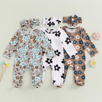 FOCUSNORM/ Есента сладък гащеризон за малки момичета от 0 до 6 години, с дълъг ръкав и цветна принтом, гащеризон с цип с превръзка на главата, комплект дрехи за бебета