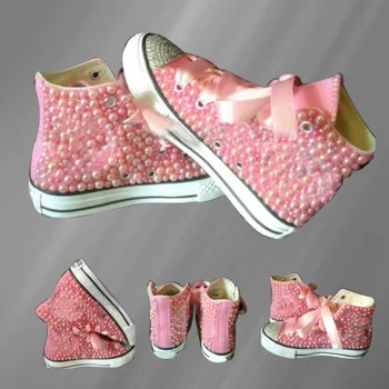 Модни ръчна работа, персонализиран дизайн с пайети и перли, удобни обувки за родители и деца