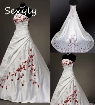 Фантазийное Сватбена рокля с червена бродерия в готически стил 2023 Трапециевидный Сатен, Секси Корсет Сватбена рокля без презрамки, Реколта Африканския Стил Vestido De Новия