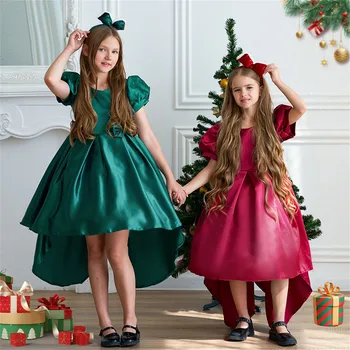 Коледна рокля за малки момичета с къс ръкав, монофонични папийонка, Дантелени яка с бродерия, Празнична рокля Коралов цвят за момичета, Балетное рокля за момичета