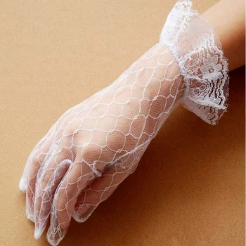 Сватбени ръкавици булката, Бели Къси Дизайнерски Дантелени марля прозрачни дамски 2021, устойчиви на uv Летни мрежести ръкавици с един пръст