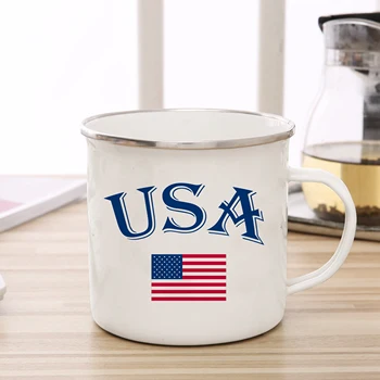 Эмалированная чаша с флага на сащ, чашата за кафе, САЩ, пара, чаша, индивидуалност, походный огън, бира, чаша за чай, авторска чаша за закуска