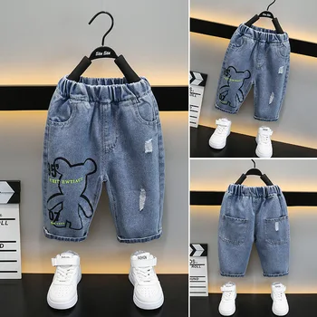 Съкратен дънкови панталони с изображение на Мечка за момчета, Летни детски скъсани дънкови панталони, Детски дрехи в корейски стил