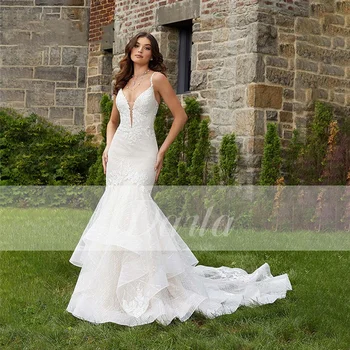 Сватбени рокли Русалка стил Бохо с V-образно деколте, без ръкави, на спагети презрамки, Просто Секси Сватбена рокля с отворен гръб, Vestido De Новия 2023