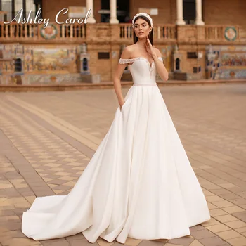 Сватбена рокля Трапецовидна форма Ашли Carol 2023, Нежно, расшитое мъниста, с джобове-сърца, с отворени рамене, Сатен сватбени рокли Vestidos De Новия