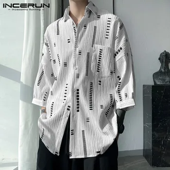 INCERUN Върховете 2023, мъжки ежедневни ризи с текстурным принтом на раменете в корейски стил, Стилна градинска блуза с дълъг ръкав в една четвърт от инча S-5XL