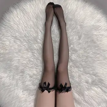 Секси Черни, Бели, със завързана на ръба, дълги Чорапи, Дамски чорапи над коляното, Дамски Копринени чорапи в стил Лолита за момичета, W8