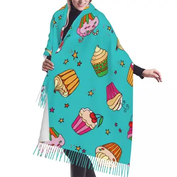 Сладки кексчета и звезди на бирюзовом зимната шарфе, шалове, Дамски, Мъжки топли шалове с пискюли Bufanda
