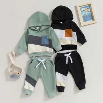 Citgeett/ Есен облекло за бебета и малки момчета, комплект дрехи с качулка и штанами в стил мозайка в контрастен цвят с дълъг ръкав