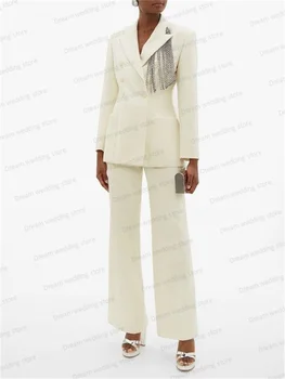 Кристали, Beading, Дамски костюми, Комплект панталон, 2 броя, Сако + Панталон, Бяло Сако, Сшитое на поръчка Модно Елегантна рокля за абитуриентски бал, Сватба палто