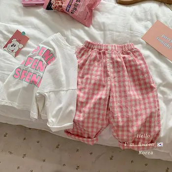 Нов летен комплект дрехи за малките момичета, Комплект от две части, Риза, Топ + панталони, Клетчатая дрехи за деца, Детски тоалети за рожден Ден