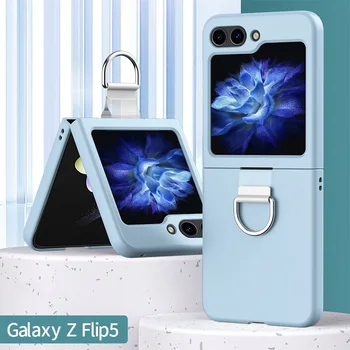 Сгъваем Калъф за телефон с Пръстен За Samsung Galaxy Z Flip 5 ZFlip5 5G Прозрачен Твърд Калъф за Samsung ZFlip5 Защитна Броня Черен
