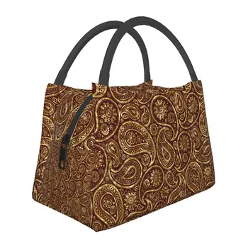 Чанта за обяд със златен Пейсли в ретро стил, Удобна чанта-хладилник с офис принтом, Модерни Водоустойчиви торбички-тоут