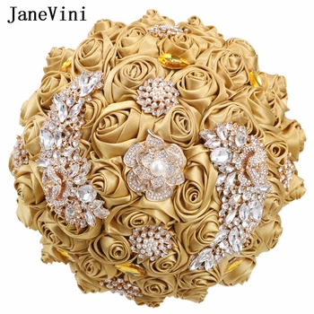 JaneVini Луксозен Сватбен букет от златни страз, Сатен, Изкуствен Кристал, Диамант, Букет цветя за Младоженци De Новия Boda